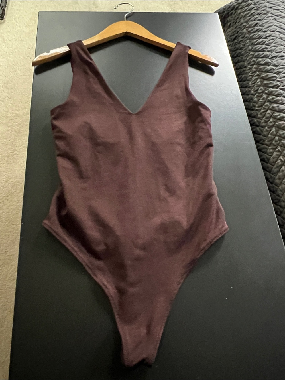Vuori Women's V-Neck Bodysuit in Deep Brown
